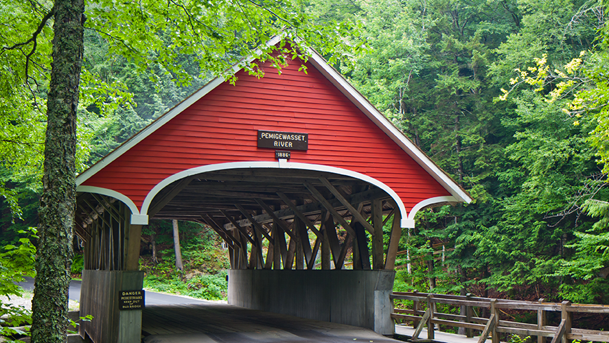 Flume gorge state park covered bridge in Franconia State Park, New Hampshire